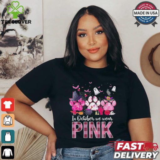 In October We Wear P.I.N.K Breast Cancer Halloween Dog Paws Shirt