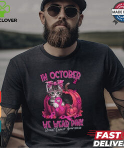 In October We Wear Pink Breast Cancer Awareness Shirt, Cute Pink Ribbon Cat Tee 1 In October We Wear Pink Breast Cancer Awareness Shirt, Cute Pink Ribbon Cat Tee
