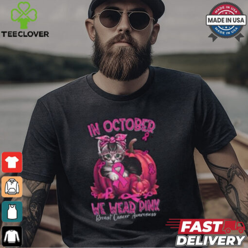 In October We Wear Pink Breast Cancer Awareness Shirt, Cute Pink Ribbon Cat Tee