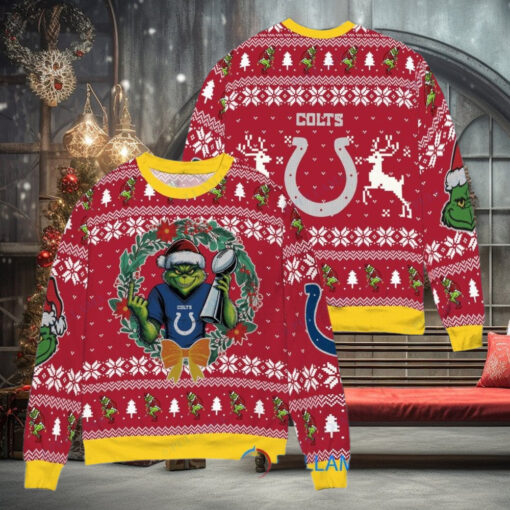 Indianapolis Colts x Grinch NFL Dr. Seuss How the Grinch Stole Christmas with Super Bowl Trophy Ugly Christmas Sweater Red