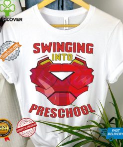 Iron man swinging into preschool shirt