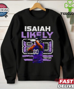 Isaiah Likely #80 Baltimore Ravens Football Tight End Shirt, featuring Isaiah Likely's name and number alongside Baltimore Ravens branding. Perfect for fans supporting the tight end and the Ravens.
