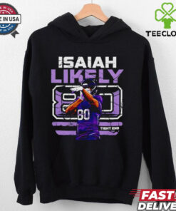 Isaiah Likely #80 Baltimore Ravens Football Tight End Shirt, featuring Isaiah Likely's name and number alongside Baltimore Ravens branding. Perfect for fans supporting the tight end and the Ravens.