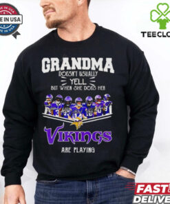 It’s A Great Day In Michigan Our Grandma Doesn’t Usually Yell But When She Does Her Vikings Are Playing Shirt featuring a humorous design celebrating grandma's passionate love for the Minnesota Vikings.