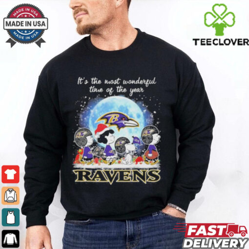 It’s The Most Wonderful Time Of The Years Peanuts Characters X Baltimore Ravens Merry Christmas Shirt