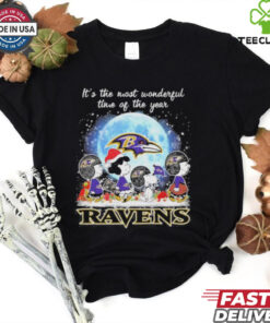 It’s The Most Wonderful Time Of The Years Peanuts Characters X Baltimore Ravens Merry Christmas Shirt