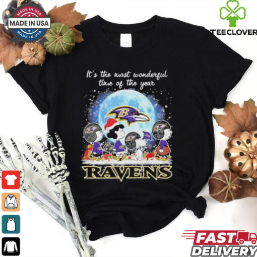 It’s The Most Wonderful Time Of The Years Peanuts Characters X Baltimore Ravens Merry Christmas Shirt