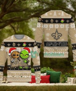 New Orleans Saints Baby Groot And Grinch Ugly Christmas Sweaters