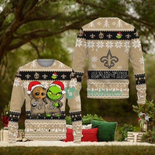 New Orleans Saints Baby Groot And Grinch Ugly Christmas Sweaters