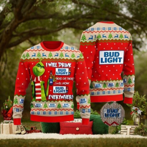 Bud Light Grinch Ugly Beer Ugly Christmas Sweater Xmas 3D Printed Christmas Sweater Gift