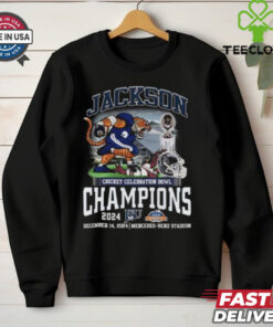 Jackson State Tigers Football Fan 2024 Cricket Celebration Bowl Champions T-Shirt, featuring celebratory graphics to honor Jackson State’s victory in the 2024 Cricket Celebration Bowl. Perfect for fans celebrating the Tigers' championship win.