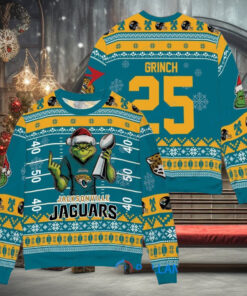 Jacksonville Jaguars x Grinch Christmas Dr. Seuss How the Grinch Stole Christmas with Super Bowl Trophy Custom Ugly Christmas Sweater