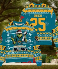 Jacksonville Jaguars x Grinch Christmas Dr. Seuss How the Grinch Stole Christmas with Super Bowl Trophy Custom Ugly Christmas Sweater