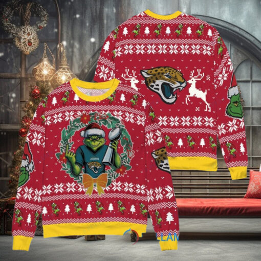 Jacksonville Jaguars x Grinch NFL Dr. Seuss How the Grinch Stole Christmas with Super Bowl Trophy Ugly Christmas Sweater Red