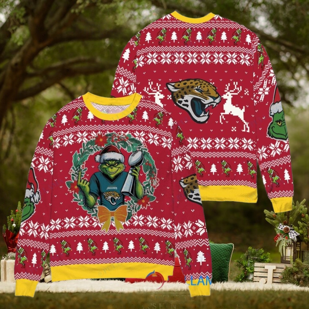 Jacksonville Jaguars x Grinch NFL Dr. Seuss How the Grinch Stole Christmas with Super Bowl Trophy Ugly Christmas Sweater Red Jacksonville Jaguars x Grinch NFL Dr. Seuss How the Grinch Stole Christmas with Super Bowl Trophy Ugly Christmas Sweater Red