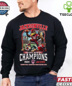Jacksonville State Gamecocks Cure Bowl Champions of 2024 Proud Mascot shirt featuring the team's mascot and championship graphics.