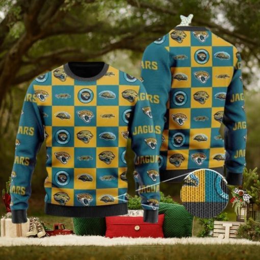 Jaguars Logo Checkered Flannel Design Knitted Ugly Christmas Sweater