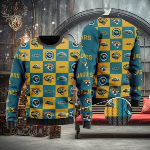 Jaguars Logo Checkered Flannel Design Knitted Ugly Christmas Sweater