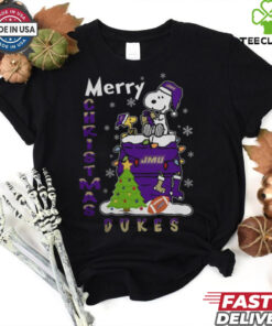 James Madison Dukes Snoopy And Woodstock Merry Christmas Shirt