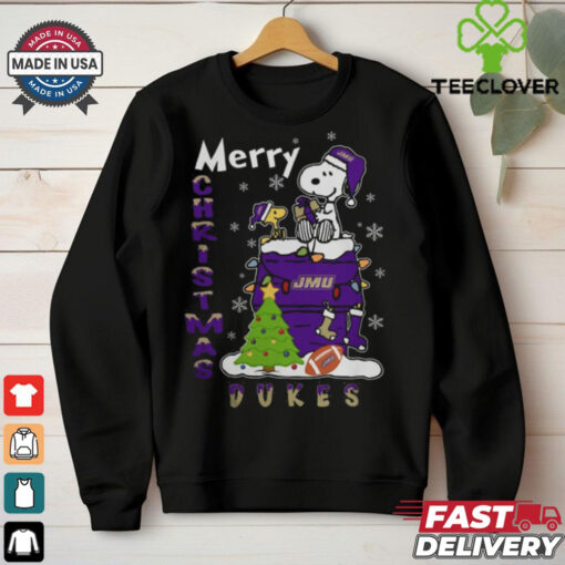 James Madison Dukes Snoopy And Woodstock Merry Christmas Shirt