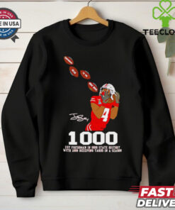 Jeremiah Smith 1000 1st Freshman on Ohio State Buckeyes Signature Shirt, featuring Jeremiah Smith’s name, number, and signature along with a graphic celebrating his achievement as the first freshman to reach 1,000 yards for the Buckeyes. Perfect for fans honoring this milestone in his career.