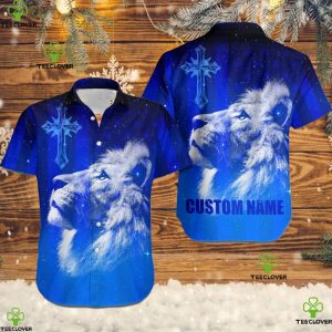 Jesus Cross Lion Galaxy American Flag Custom Name 3D Women Hawaiian Aloha Button Up Shirt For God Lovers In Daily Life