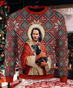 Jesus Keanu Reeves With Dog Ugly Christmas Sweater,