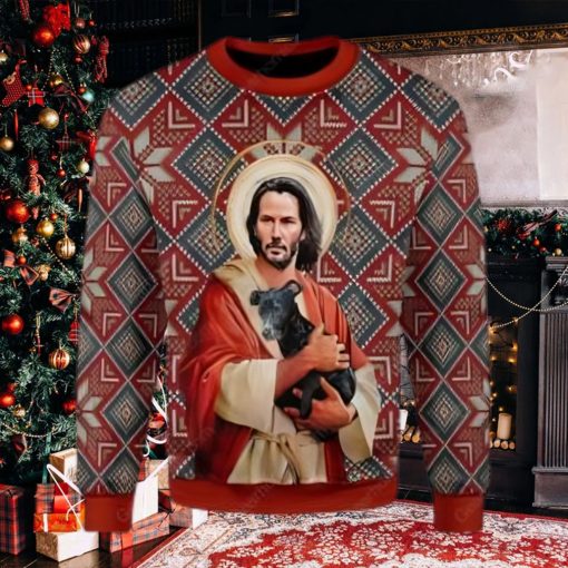 Jesus Keanu Reeves With Dog Ugly Christmas Sweater,