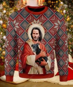 Jesus Keanu Reeves With Dog Ugly Christmas Sweater,