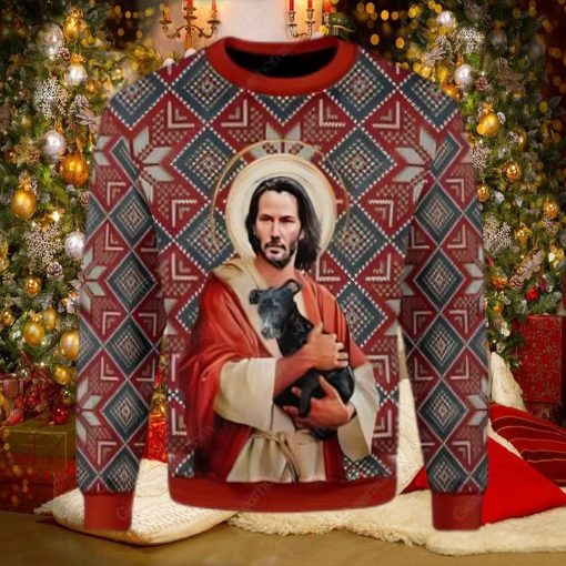 Jesus Keanu Reeves With Dog Ugly Christmas Sweater,
