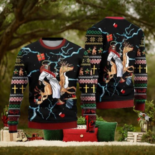 Jesus Riding Reindeer Black Ugly Christmas Sweater Gift Knitting Sweater