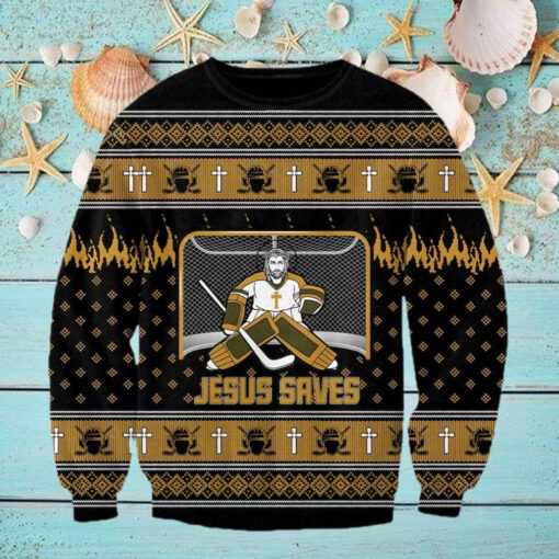 Jesus Saves Hockey Man Christmas Ugly Sweater