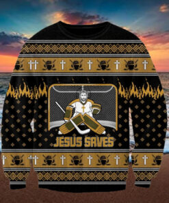 Jesus Saves Hockey Man Christmas Ugly Sweater