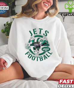 Jets Football NFL Rush Zone Cartoon Character Shirt featuring a fun, animated design of the New York Jets’ mascot and characters from the NFL Rush Zone, perfect for fans who enjoy a playful, energetic take on their team spirit.