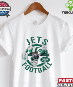 Jets Football NFL Rush Zone Cartoon Character Shirt featuring a fun, animated design of the New York Jets’ mascot and characters from the NFL Rush Zone, perfect for fans who enjoy a playful, energetic take on their team spirit.