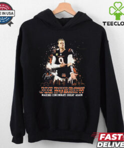 Joe Burrow Making Cincinnati Great Again T-shirt, featuring skyline and signature design, unisex fit, Cincinnati Bengals fan gear, Joe Burrow tribute shirt.