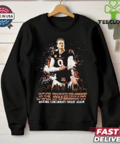 Joe Burrow Making Cincinnati Great Again T-shirt, featuring skyline and signature design, unisex fit, Cincinnati Bengals fan gear, Joe Burrow tribute shirt.