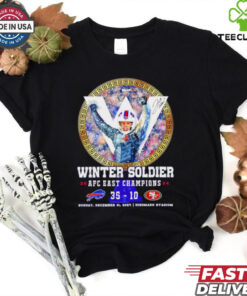 Josh Allen Winter Soldier 2024 AFC East Champions 35-10 49ers Shirt featuring a dynamic design celebrating Josh Allen’s leadership in the Buffalo Bills’ AFC East championship win, with a nod to his 