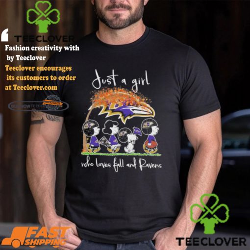 Just A Girl Who Loves Fall And Baltimore Ravens X Peanuts Characters Shirt