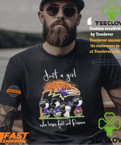 Just A Girl Who Loves Fall And Baltimore Ravens X Peanuts Characters Shirt