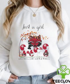 Just A Woman Who Loves Fall And Arkansas State Red Wolves Peanuts Cartoon T Shirt