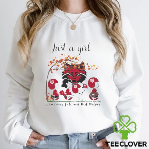 Just A Woman Who Loves Fall And Arkansas State Red Wolves Peanuts Cartoon T Shirt