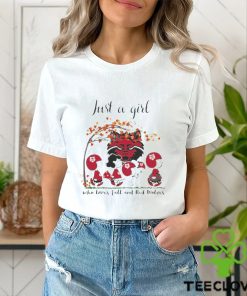 Just A Woman Who Loves Fall And Arkansas State Red Wolves Peanuts Cartoon T Shirt