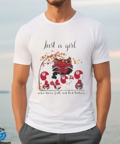 Just A Woman Who Loves Fall And Arkansas State Red Wolves Peanuts Cartoon T Shirt