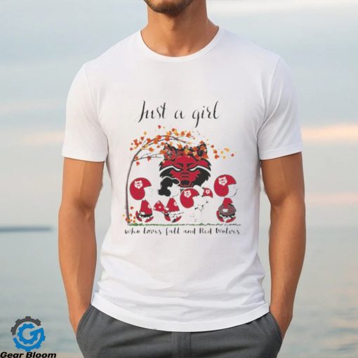 Just A Woman Who Loves Fall And Arkansas State Red Wolves Peanuts Cartoon T Shirt