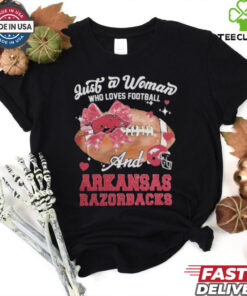 Just A Woman Who Loves Football And Arkansas Razorbacks Helmet Shirt