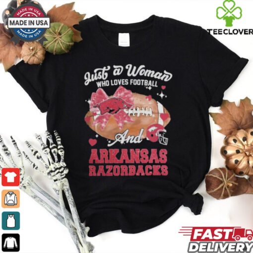 Just A Woman Who Loves Football And Arkansas Razorbacks Helmet Shirt