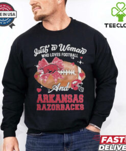 Just A Woman Who Loves Football And Arkansas Razorbacks Helmet Shirt