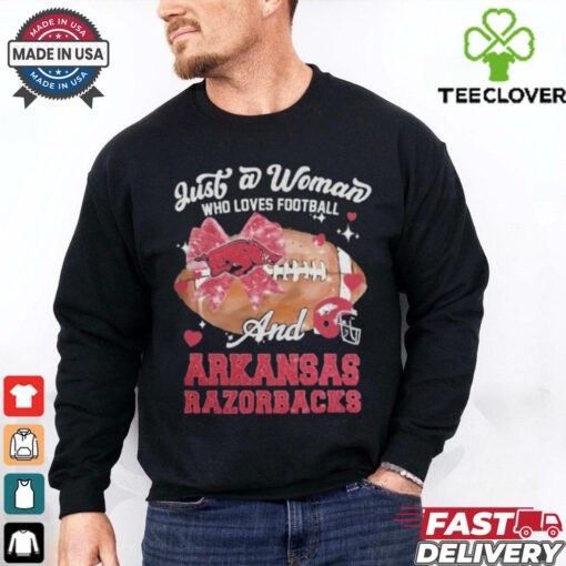 Just A Woman Who Loves Football And Arkansas Razorbacks Helmet Shirt