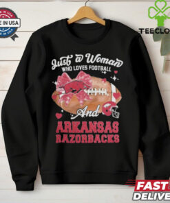 Just A Woman Who Loves Football And Arkansas Razorbacks Helmet Shirt